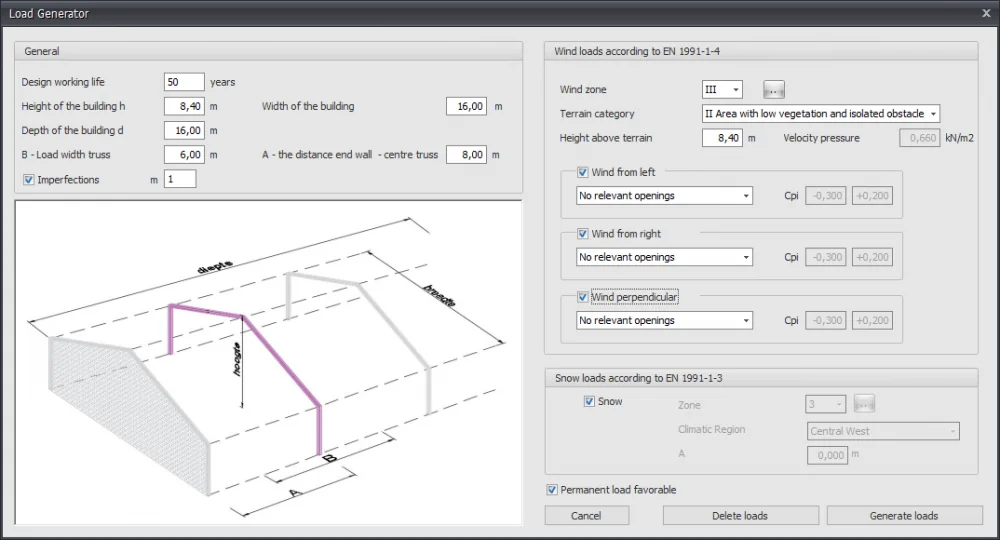 XFrame2d: Load Generator dialog with building dimensions, load width of the truss and wind and snow load settings