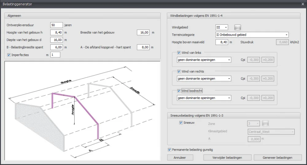 XFrame2d: dialoogvenster Belastinggenerator met gebouwafmetingen, belastingbreedte spant en wind- en sneeuwbelasting