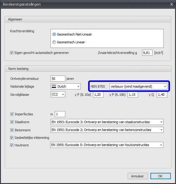 Calculation settings dialog (Dutch) with the NEN 8700 option for renovation, wind governing, highlighted