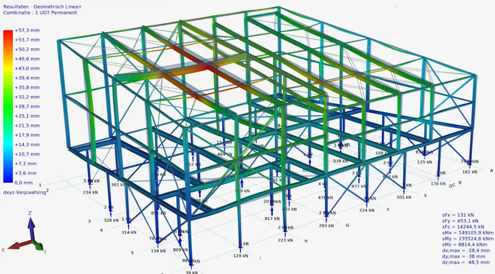 XFEM4U: colour plot of the displacements of a steel frame with reaction forces, maximum 57.3 mm