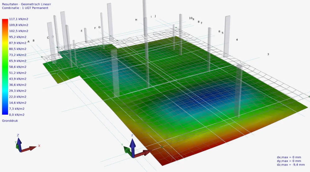 XFEM4U: colour plot of the soil pressure under a foundation slab with columns, up to 117.1 kN/m2