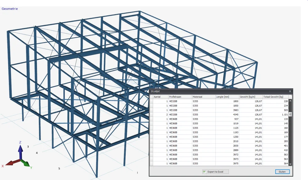 XFEM4U: steel frame model with the bill of materials window listing section, material, length and weight