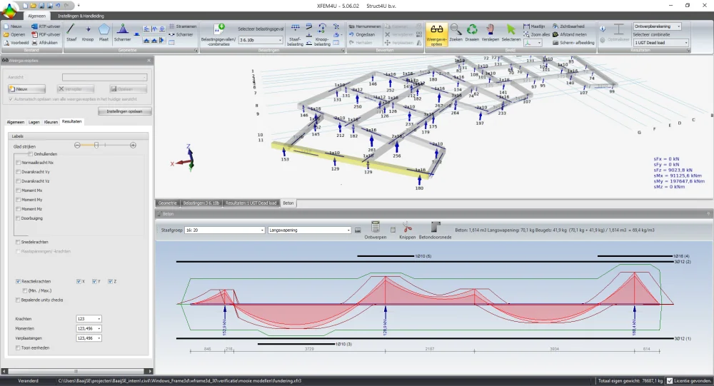 XFEM4U: beam grid on piles with the side view of a concrete beam showing reinforcement, moments and dimension lines