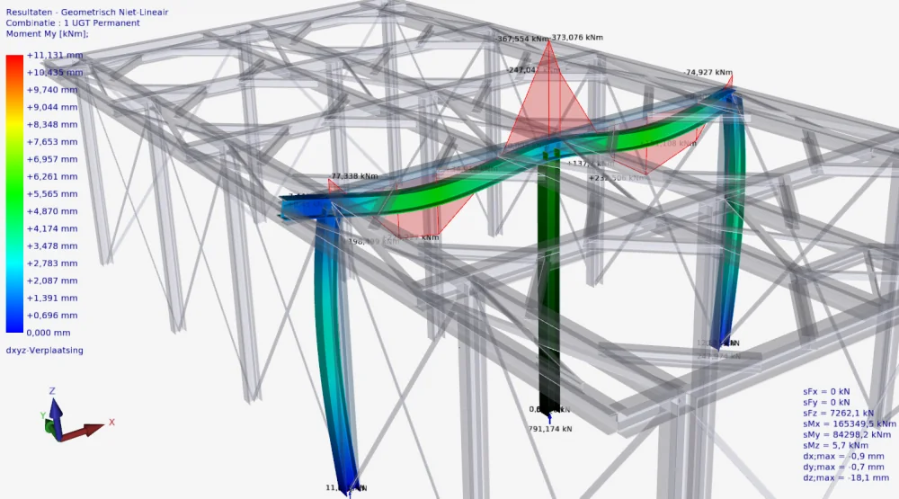 XFEM4U: displacements and bending moment diagram of a selected frame within a steel structure drawn transparently
