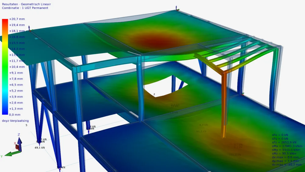 XFEM4U: colour plot of the displacements of floor slabs and steel frame, with a maximum of 20.7 mm