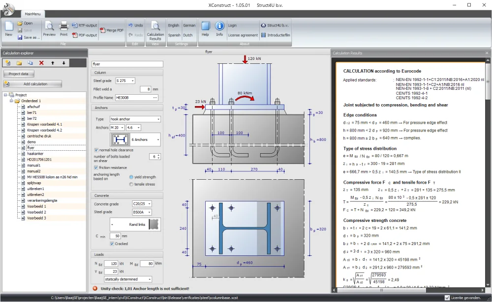 XConstruct 1.05.01: XColumnBase module with a column base plate with six hook anchors and the calculation results
