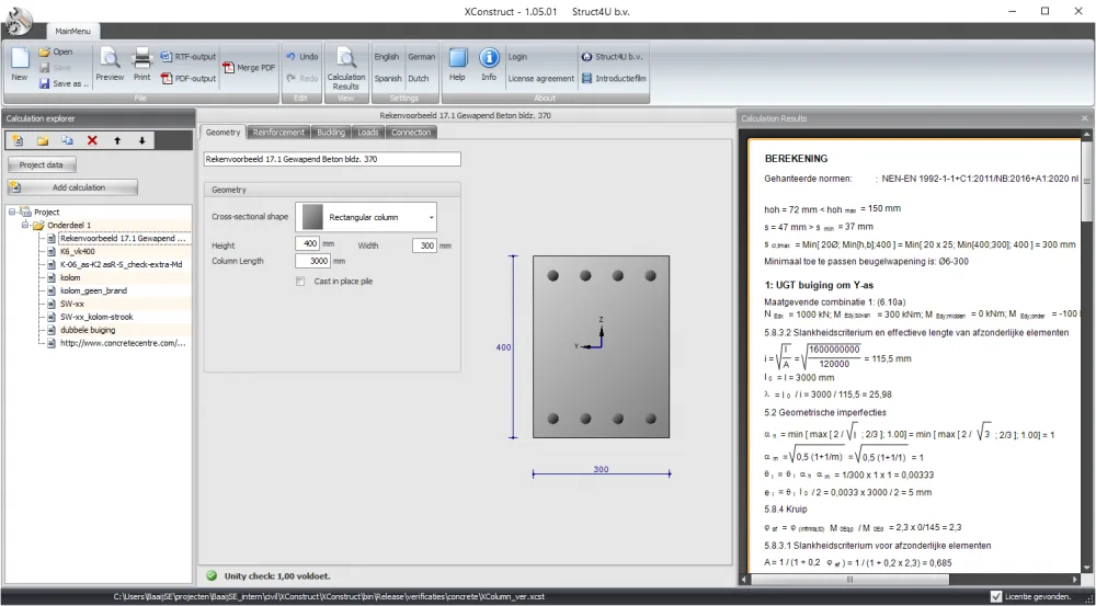 XConstruct 1.05.01: XColumn module with a rectangular reinforced concrete column of 300 x 400 mm and the calculation