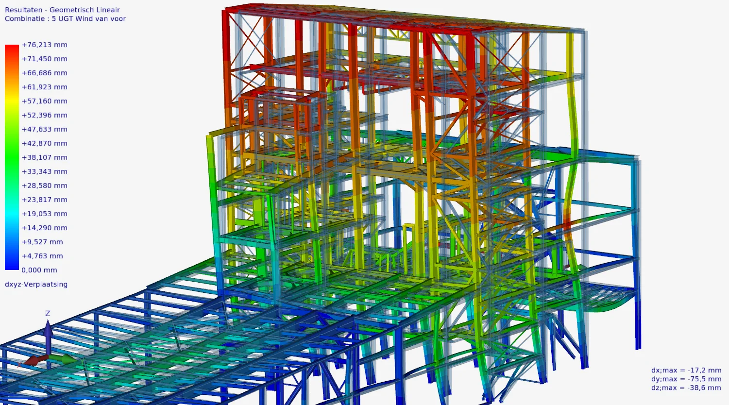 XFEM4U: 3D model of a large steel structure with the displacements under wind load shown in colour
