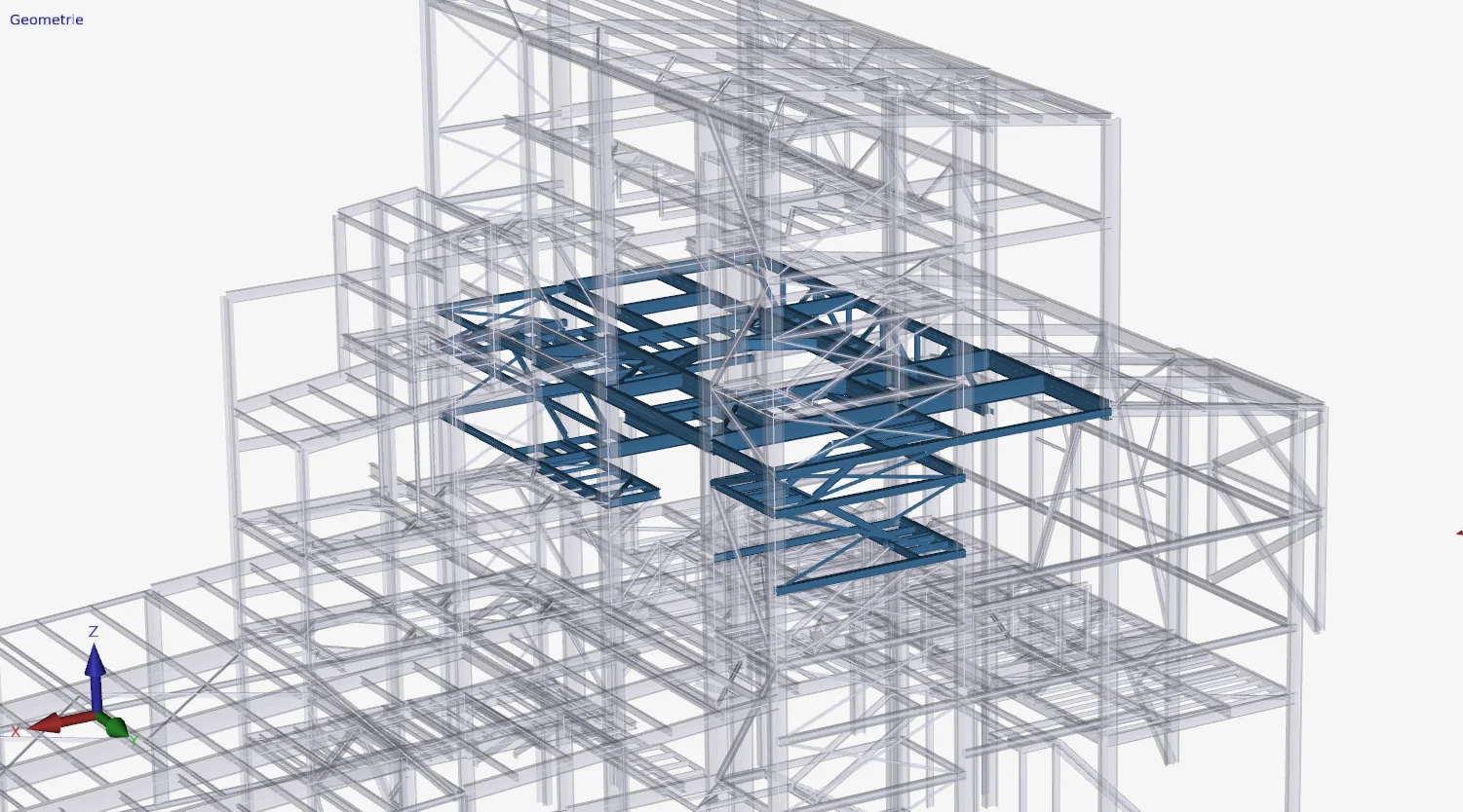 XFEM4U: geometry view of a steel structure in which a selected group of beams is highlighted in blue