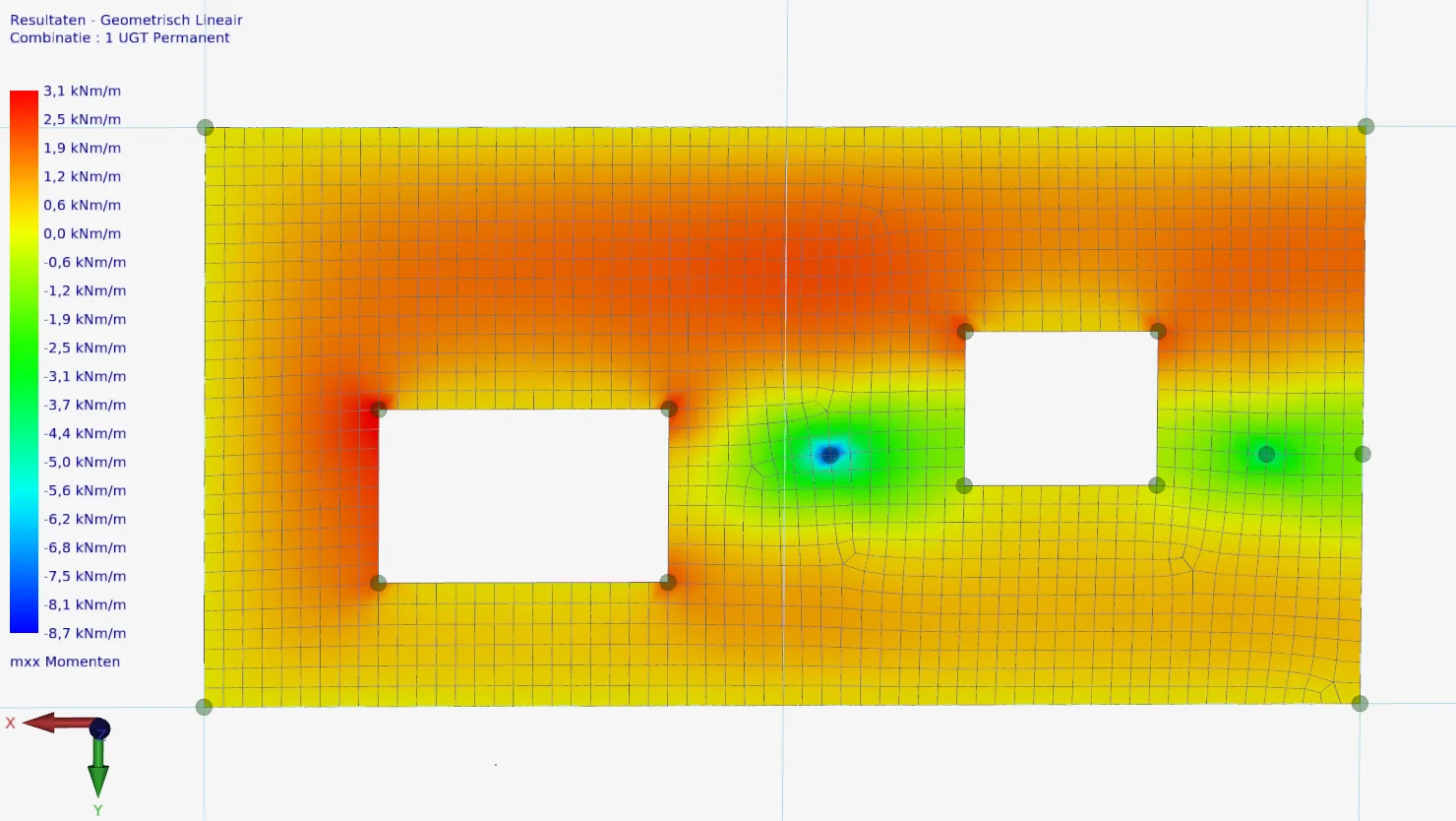 XFEM4U: mxx moments in a plate with two openings, colors displayed smoothly