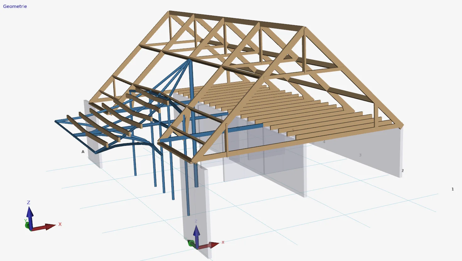 XFEM4U: 3D model of a timber roof structure with trusses and purlins on walls