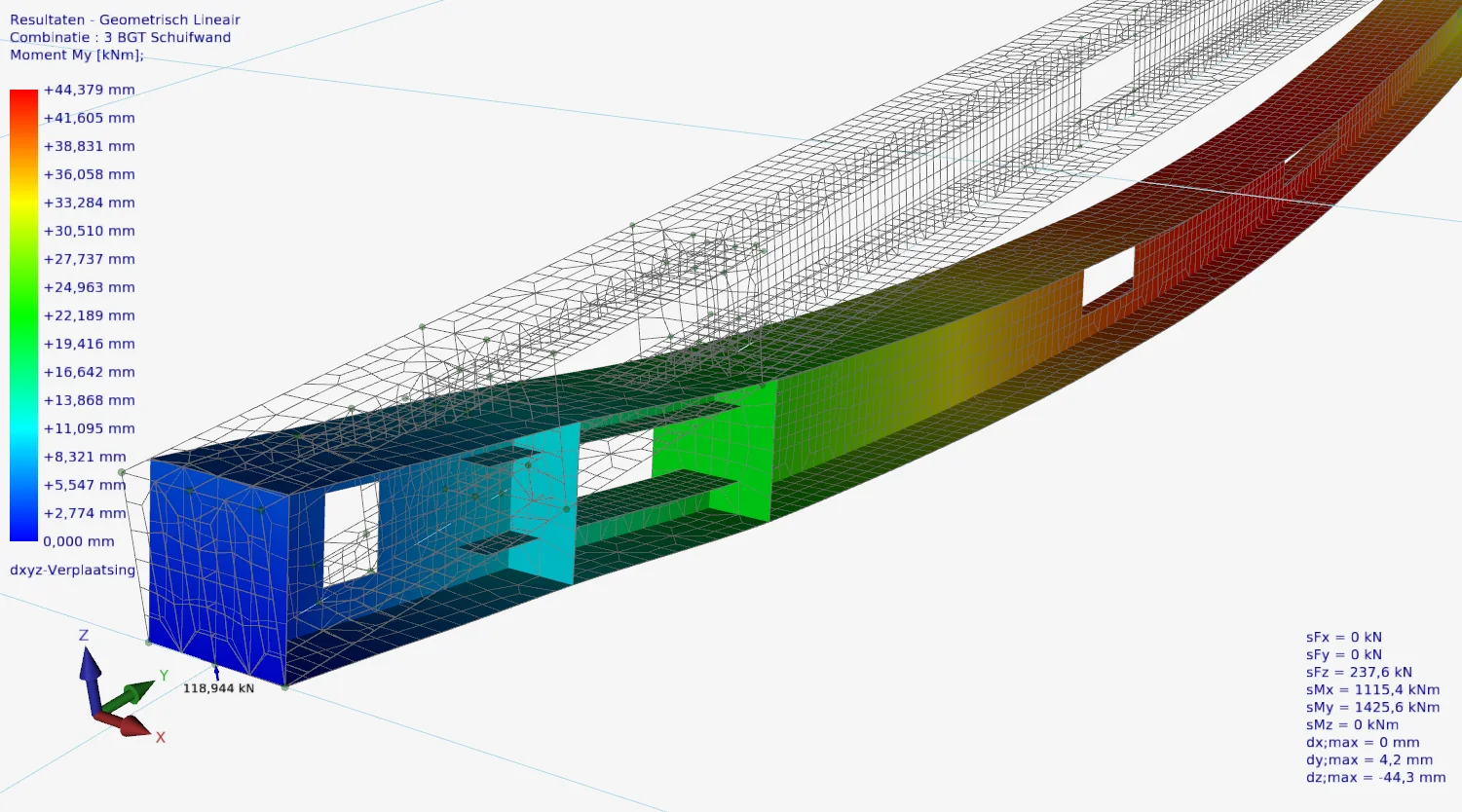 XFEM4U: displacements of a box-shaped plate structure with openings, shown in colour