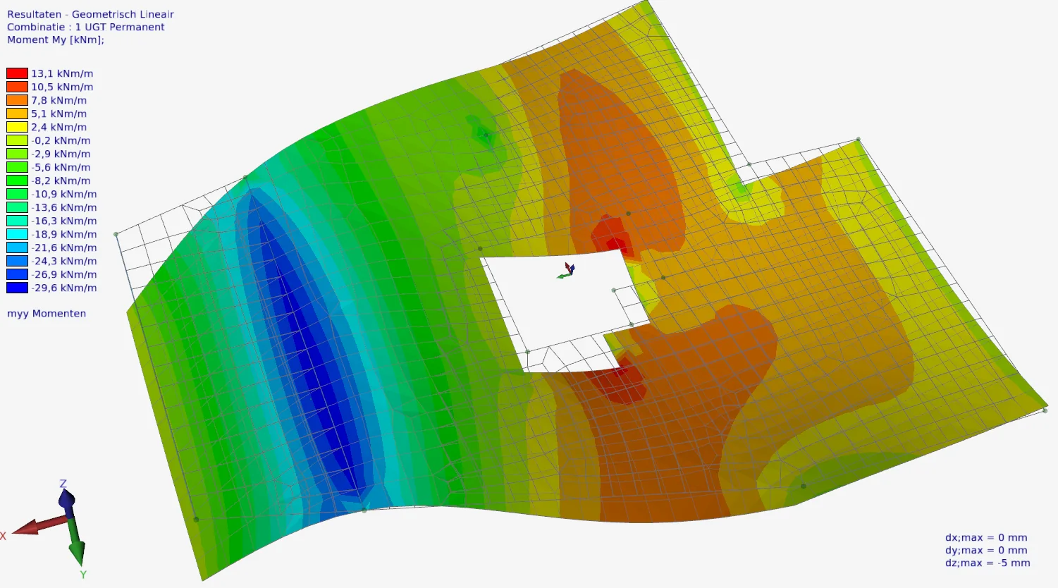 XFEM4U: banded colour plot of the myy moments in the deformed plate with an opening