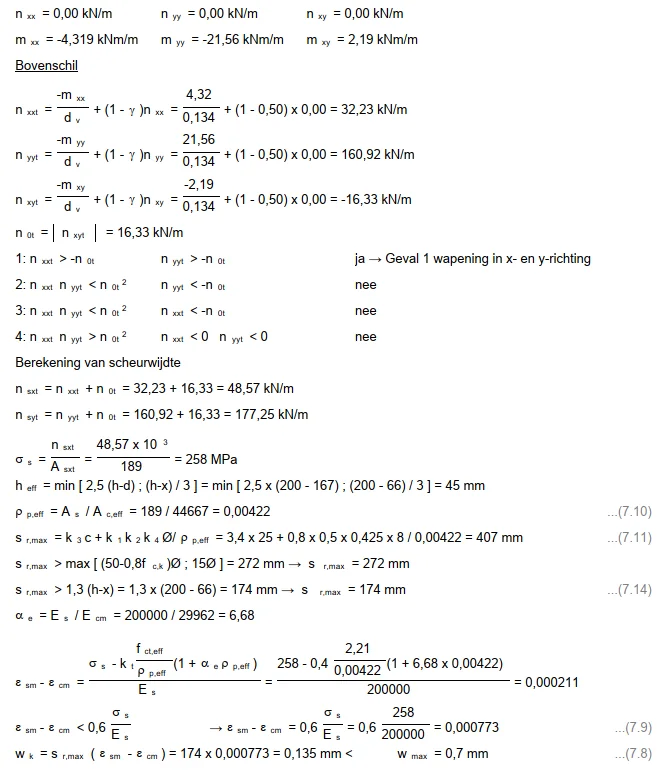XFEM4U output: detailed reinforcement calculation of a plate node with membrane forces and the crack width calculation