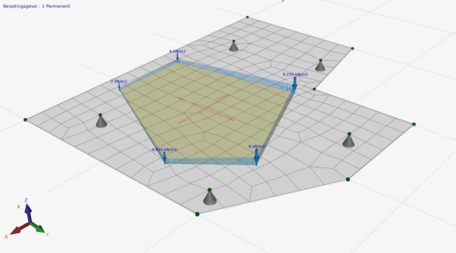 XFEM4U: plate on column supports with a polygonal surface load whose value varies linearly between the corner points
