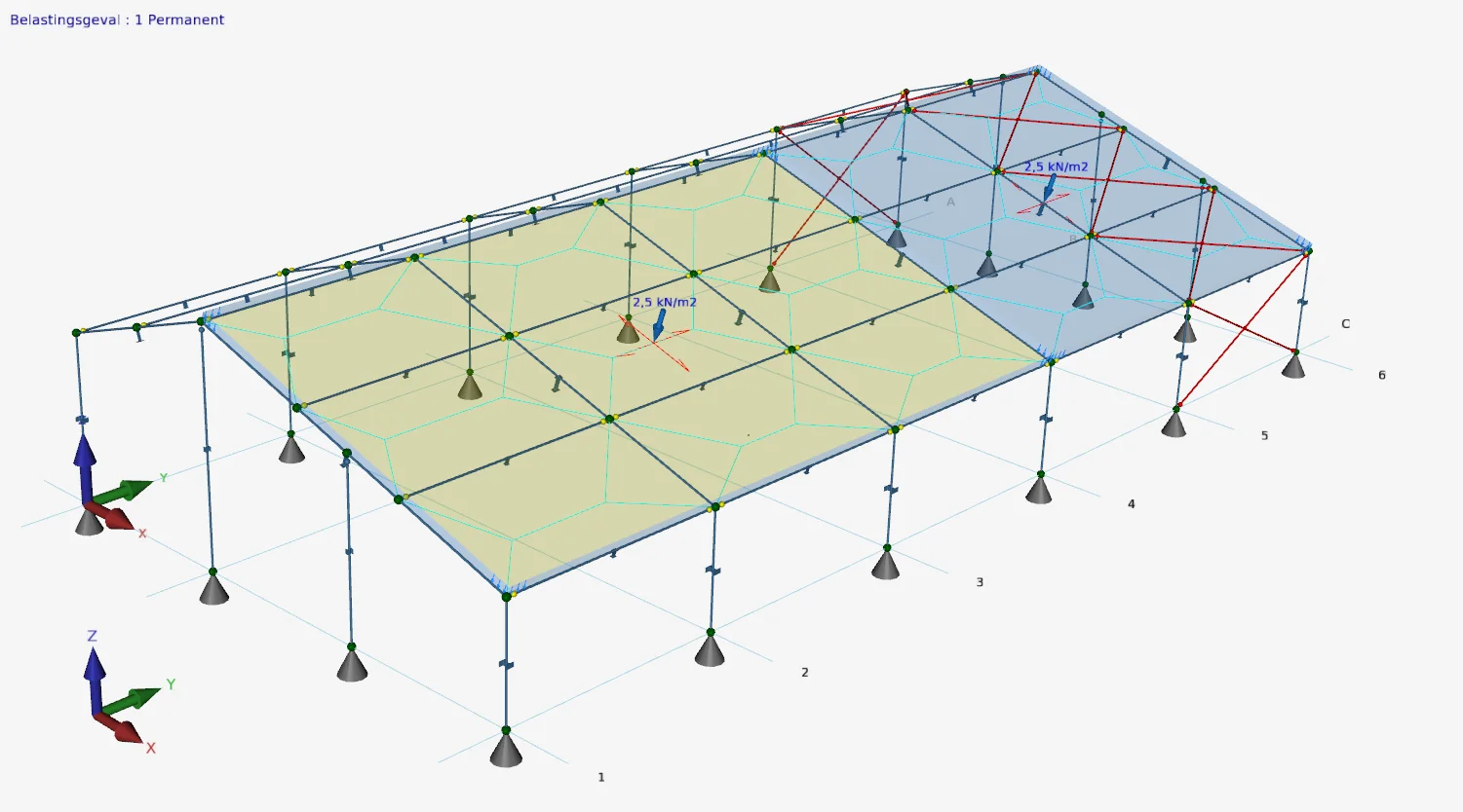 XFEM4U: beam structure with columns and beams carrying two surface loads of 2.5 kN/m2