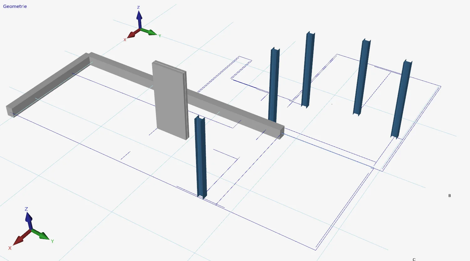 XFEM4U: DXF drawing used as an underlay beneath a model with concrete beams, a wall and steel columns