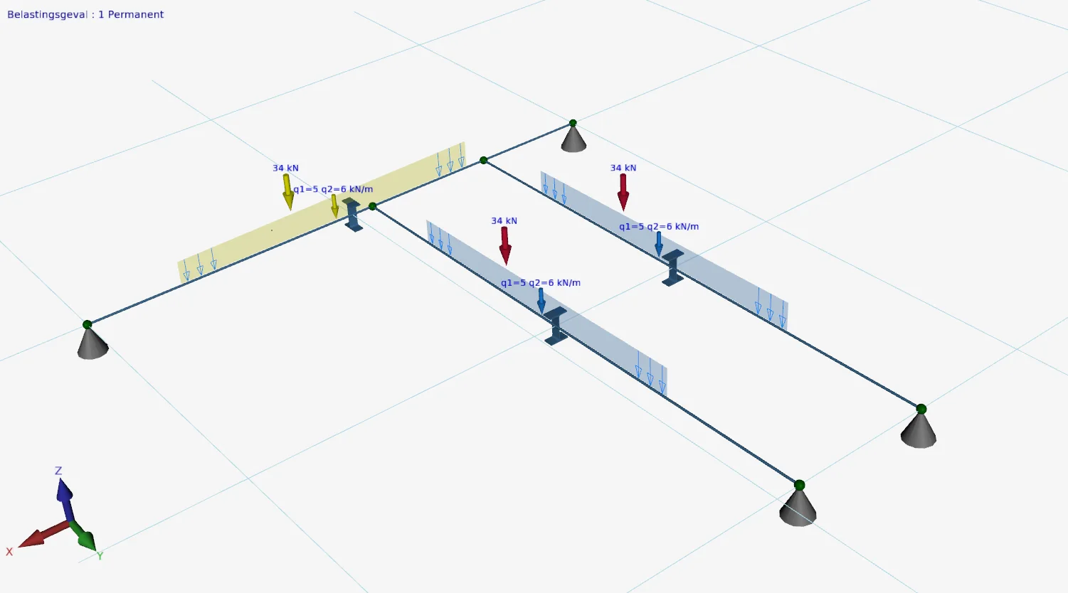 XFEM4U: line loads and point loads of 34 kN copied from one beam to two other beams