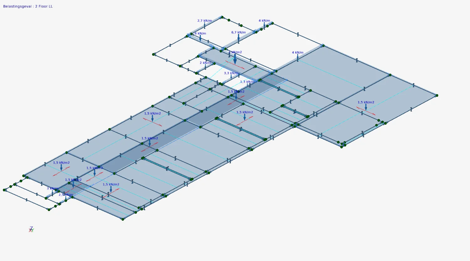XFEM4U: floor beam layout with surface loads of 1.5 kN/m2 that bear in one direction