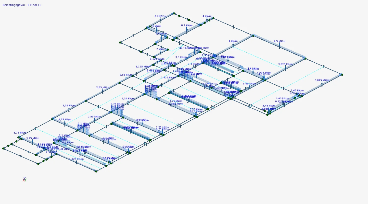 XFEM4U: the same floor beam layout with the beam loads generated from the surface loads