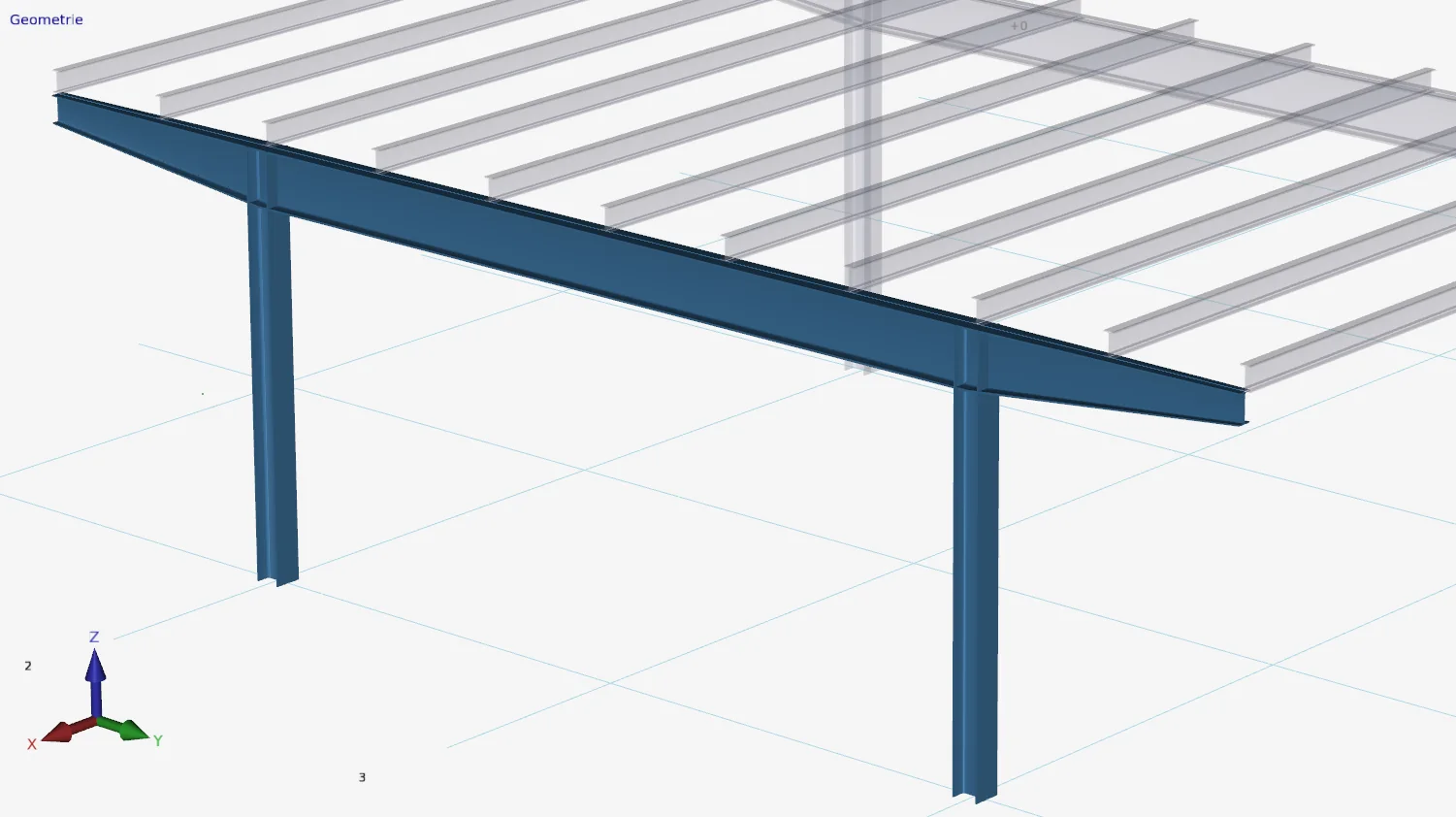XFEM4U: steel beam on two columns with tapered cantilever ends, supporting a row of purlins