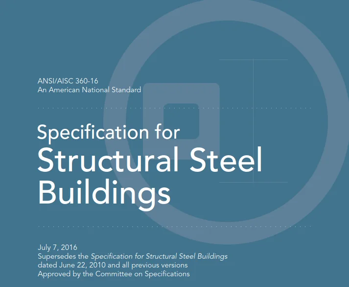 Cover of the American steel standard ANSI/AISC 360-16, Specification for Structural Steel Buildings