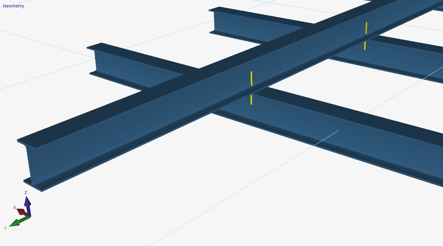 XFEM4U geometry view: stacked steel beams connected by rigid links where they cross
