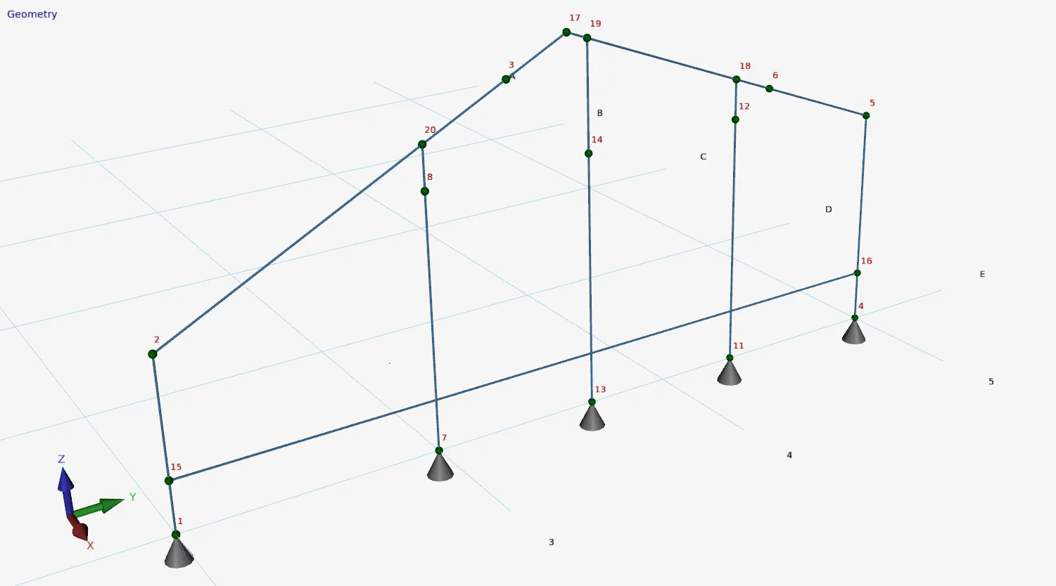 XFEM4U geometry view: 3D frame of columns and roof beams with numbered nodes and supports