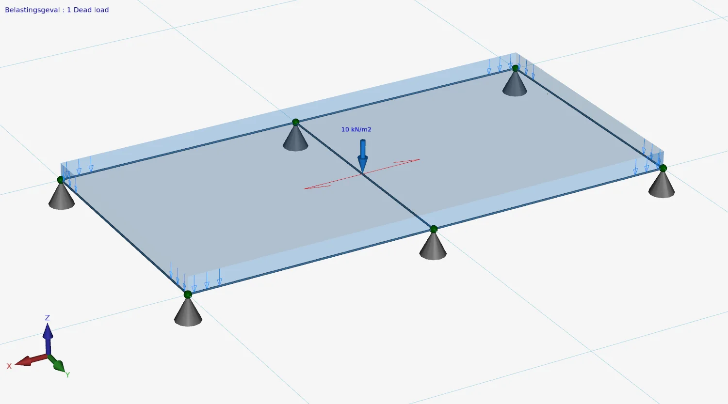 XFEM4U: surface load of 10 kN/m2 on a floor carried by three parallel beams
