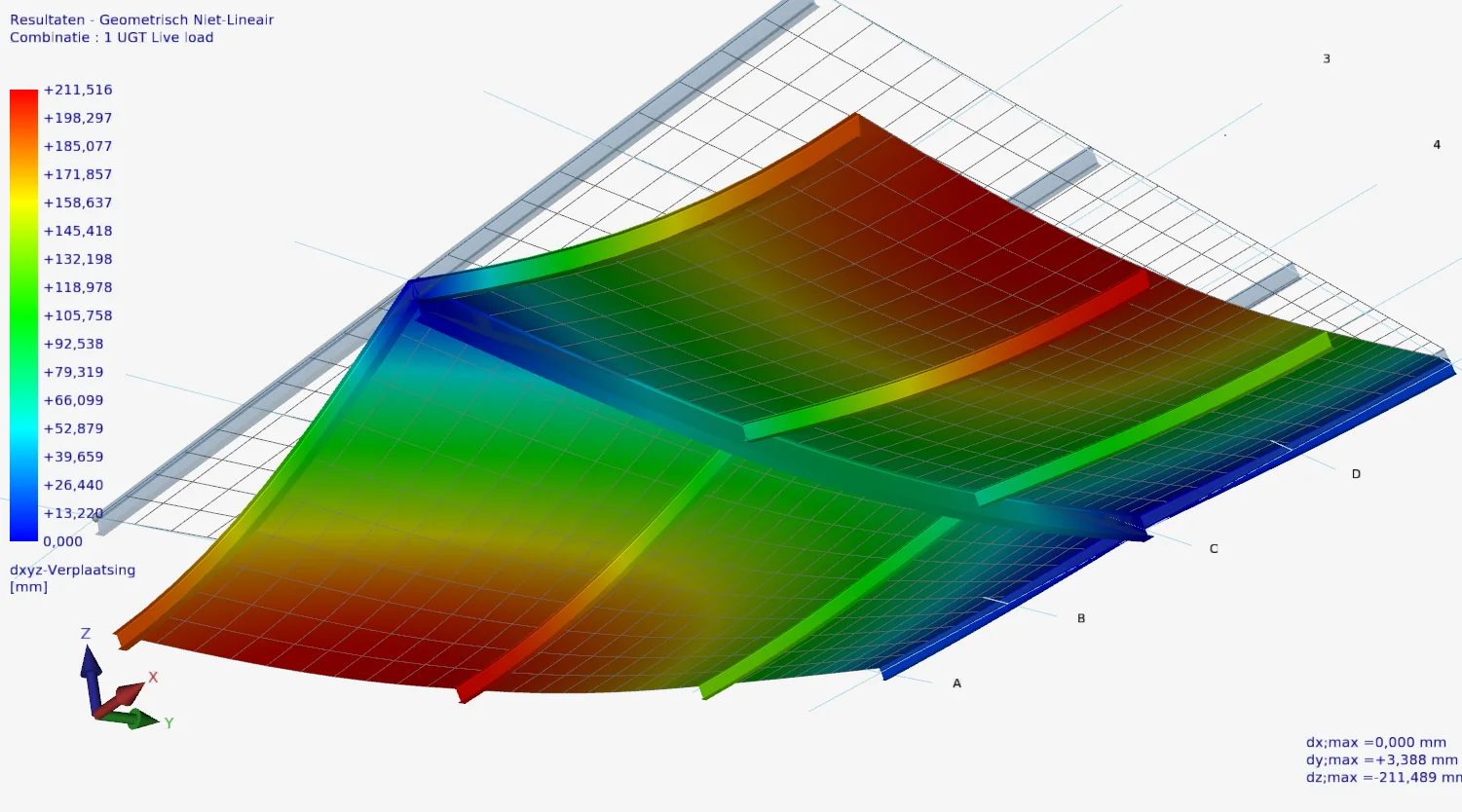 XFEM4U: geometrically non-linear displacements of a roof on steel beams, shown as a deformed structure with a colour scale