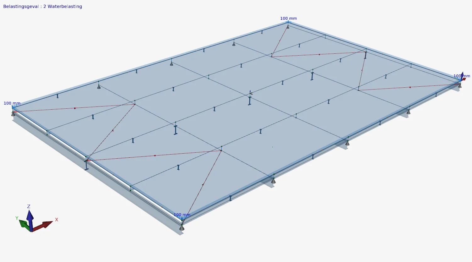XFEM4U: flat roof on steel beams with the water load case and a water level of 100 mm at the corners