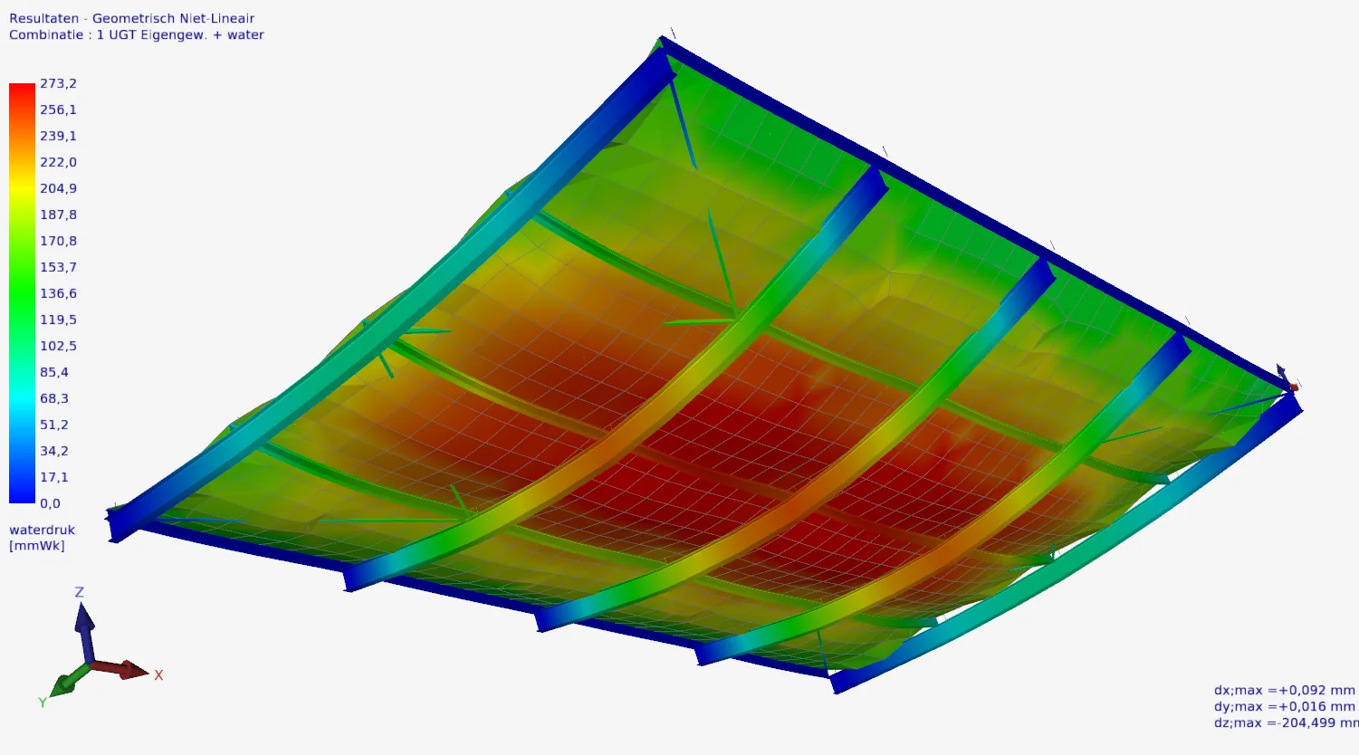 XFEM4U: geometrically non-linear result with the water pressure in mm water column on the deflected roof and beams