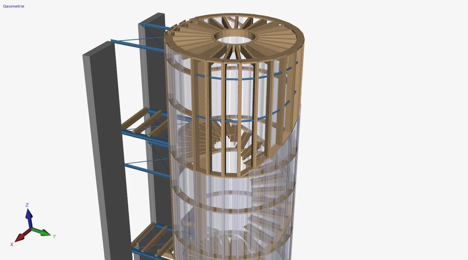 XFEM4U geometry view: round timber tower with a spiral staircase, connected by steel beams to two walls