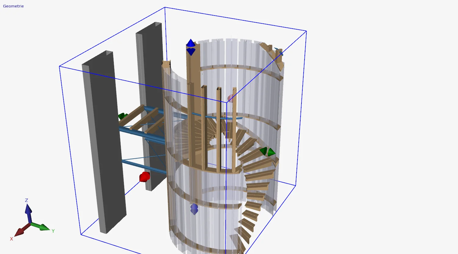 XFEM4U: the same model cut by a section box, so that the spiral staircase inside the tower is visible