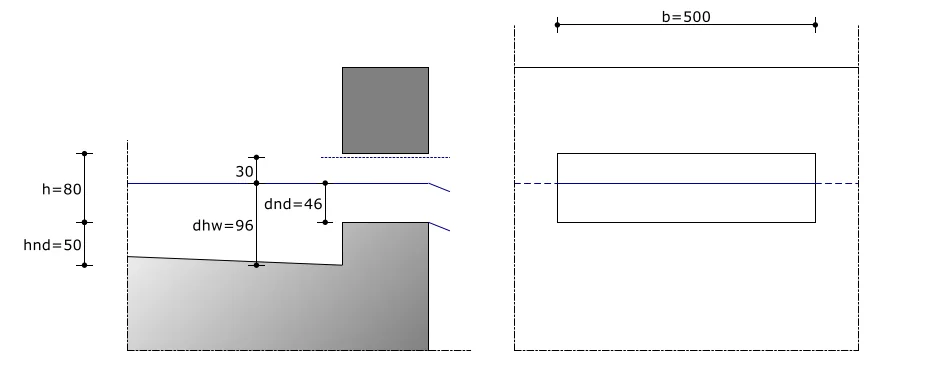 XConstruct: cross-section and front view of a roof spout in a roof edge, with its dimensions
