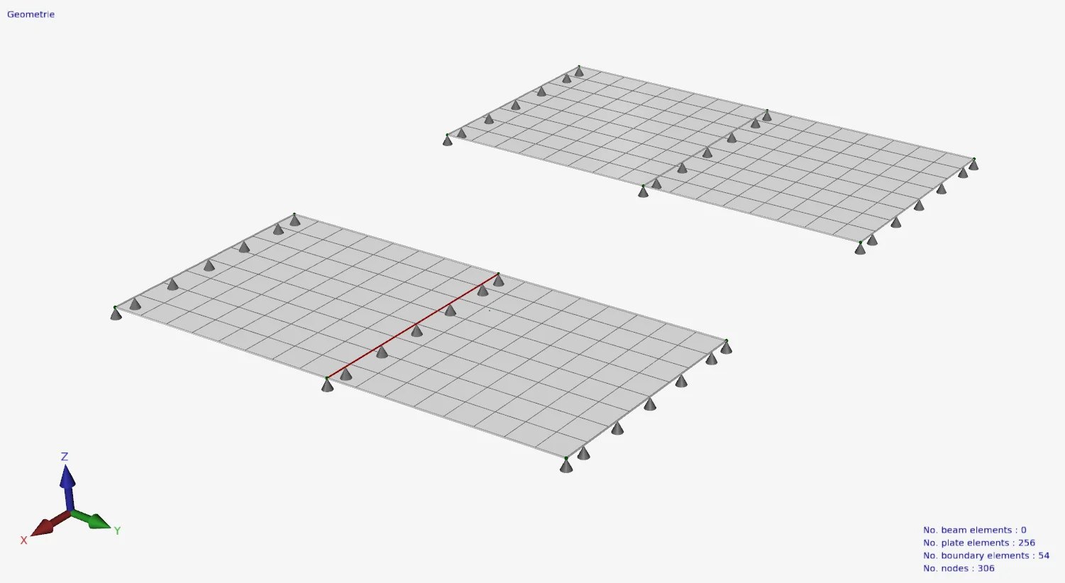 XFEM4U geometry view: two plates on three line supports, the front one with a hinged plate edge at the middle support