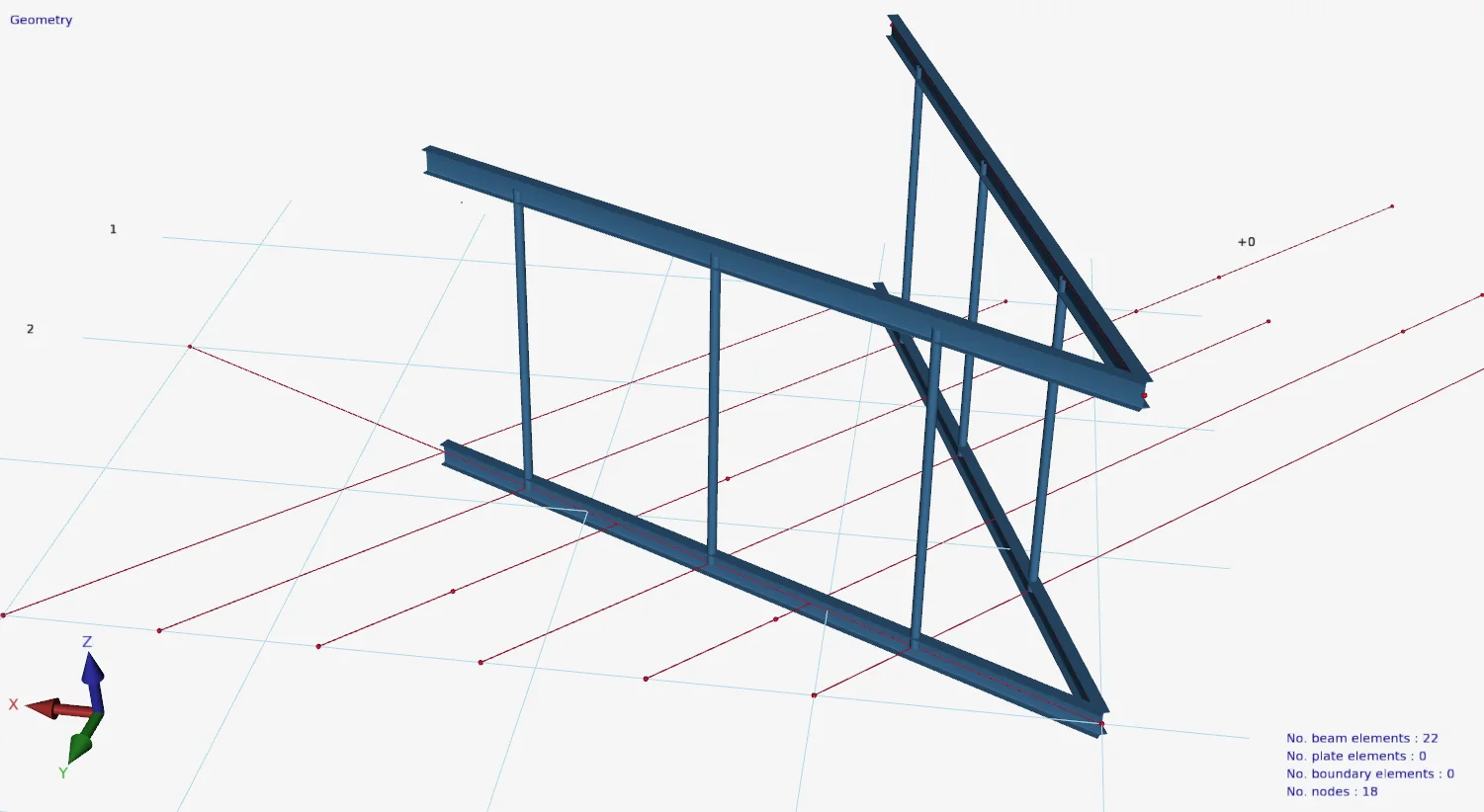 XFEM4U geometry view: steel beams and columns drawn along red guide lines
