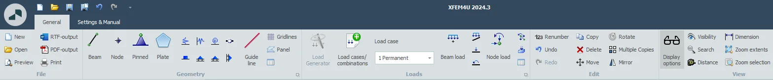 XFEM4U 2024.3: ribbon menu in the new look and feel, with the groups File, Geometry, Loads, Edit and View