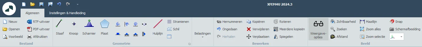 XFEM4U 2024.3: lintmenu in de nieuwe look-and-feel, met de groepen Bestand, Geometrie, Belastingen, Bewerken en Beeld