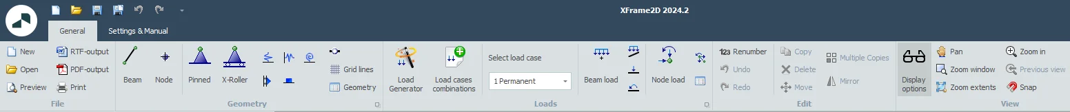 XFrame2D 2024.2: ribbon menu in the new look and feel, with the groups File, Geometry, Loads, Edit and View
