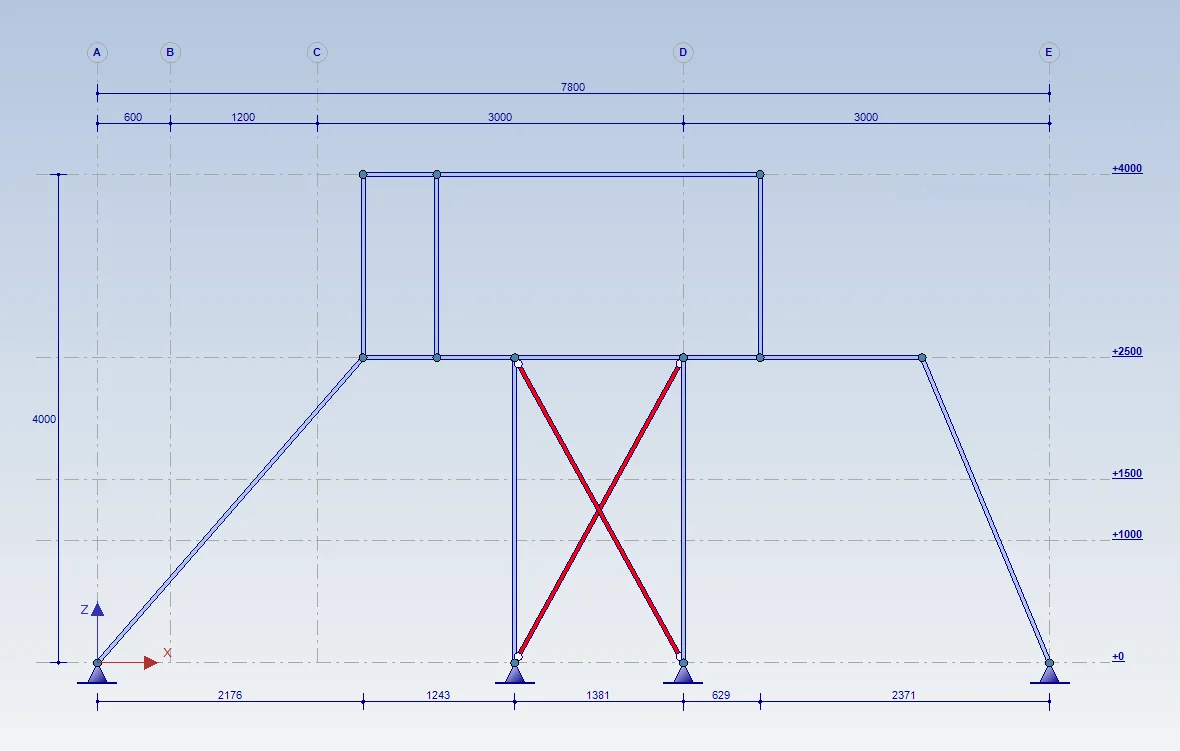 XFrame2D: frame drawn with grid lines A to E, levels from +0 to +4000 and dimension lines