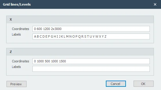Dialog Grid lines/Levels with coordinates and labels for the X and Z directions
