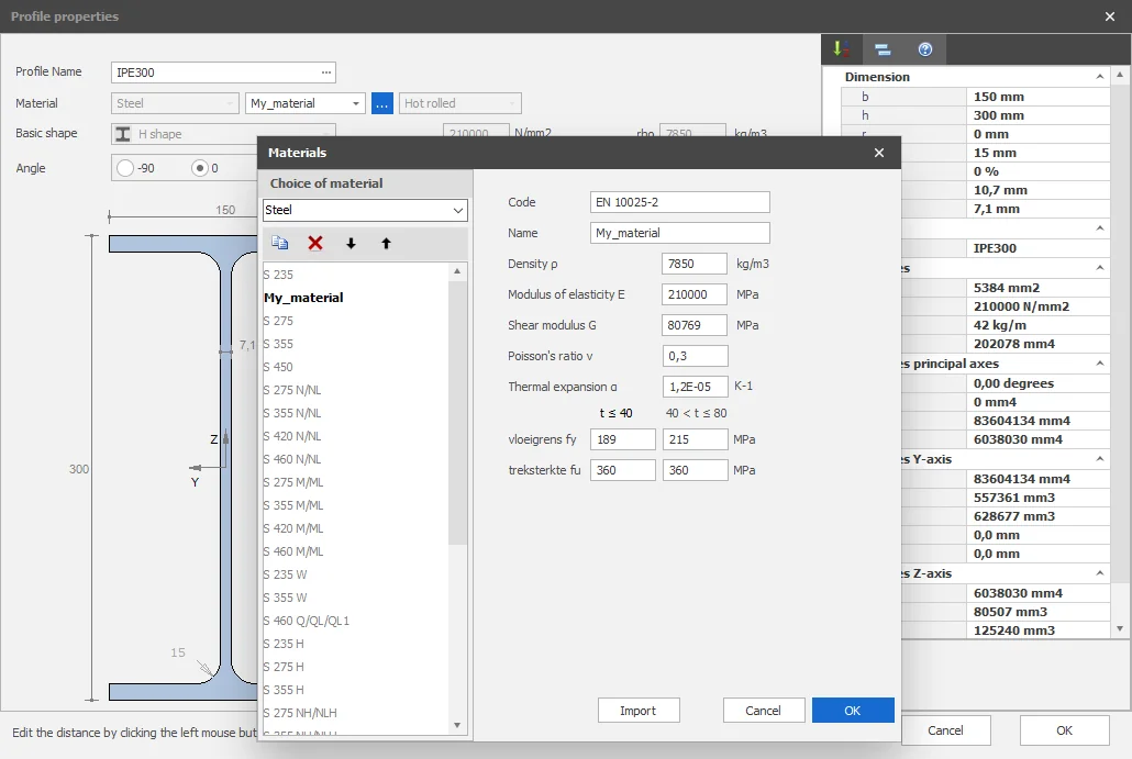 Materials dialog with the user defined steel My_material, opened from the profile properties of an IPE300