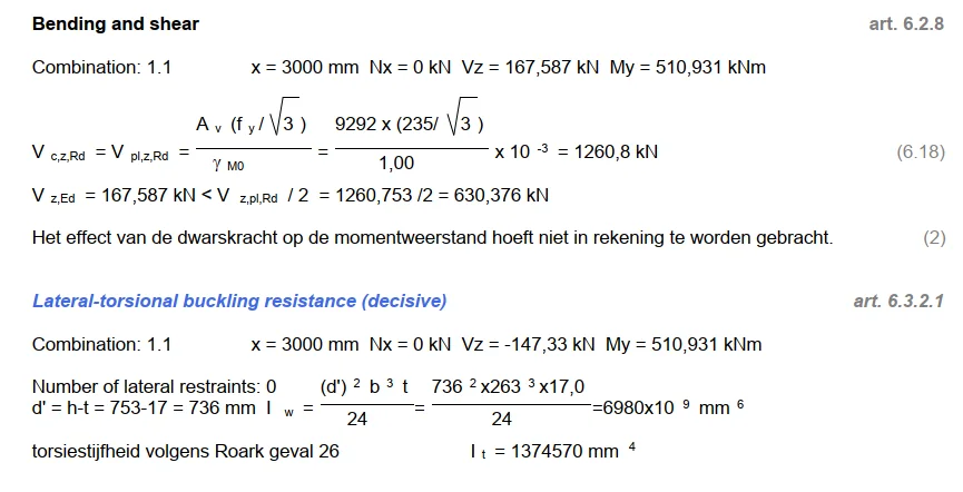 Calculation output of a steel check in which the decisive check, lateral-torsional buckling resistance, is shown in blue