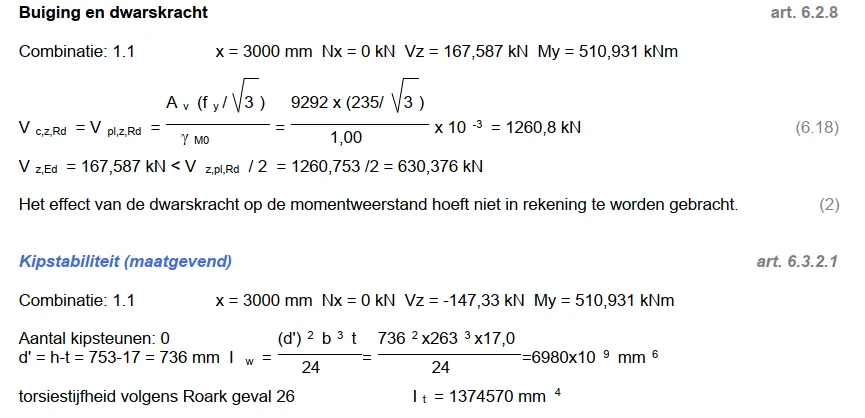 Berekeningsuitvoer van een staaltoetsing waarin de maatgevende toetsing, kipstabiliteit, in blauw is weergegeven