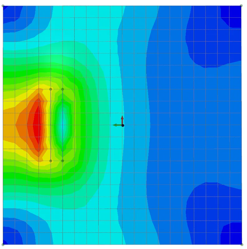 Contour plot of analysis results in a square plate with its element mesh, with a peak value left of the centre