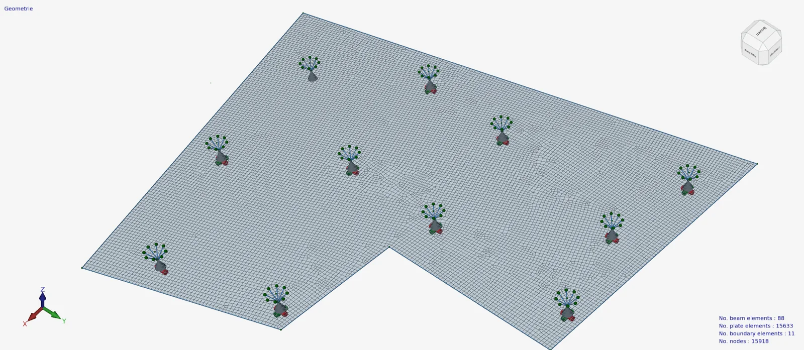 XFEM4U: geometry of an L-shaped plate model with 15633 plate elements and 11 supports