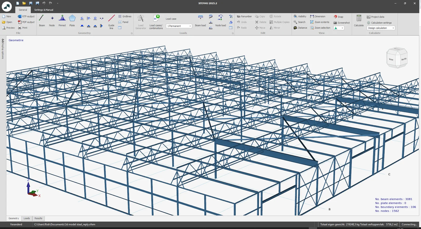 XFEM4U 2025.2: 3D model of a steel hall with the Display options screen hidden as a tab on the left side