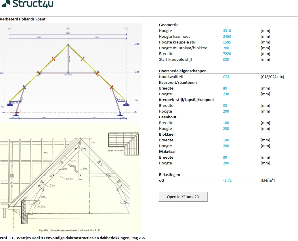 Excel sheet with the parameters of a timber roof truss (Verbeterd Hollands Spant) and an Open in XFrame2D button