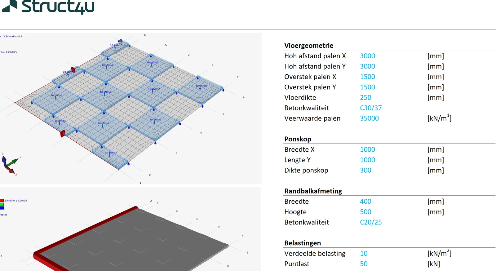 Excel sheet with the parameters of a floor on piles (pile spacing, punching head, edge beam, loads) next to the generated 3D model